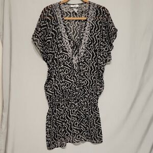 CZ Black White Printed V-Neck Short Sleeve Sheer Beach Cover Up Tunic Boho Sz XL